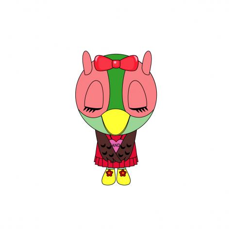 赤いリボンをしたピンクの鳥のキャラクターがお辞儀をしているイラスト