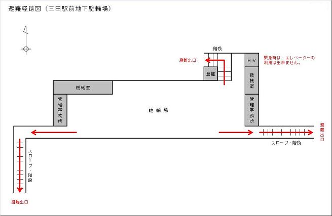 三田駅前地下駐輪場の避難経路図