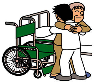 患者のベッド・車椅子間の移動を手伝う介助士のイメージイラスト