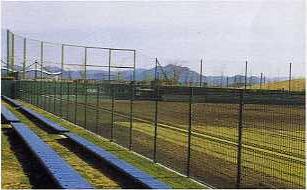 左側に青い長いベンチが並んでおり、フェンス越しに野球場が見える写真