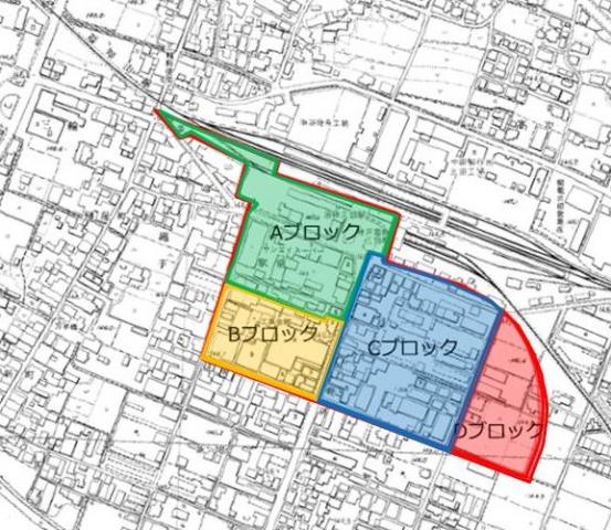 三田駅前の再開発地区(Aブロック,Bブロック,Cブロック,Dブロック）を示した地図