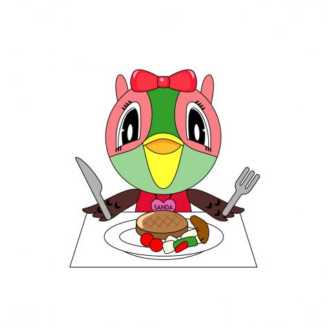 三田市のキャラクターが食事するところのイラスト