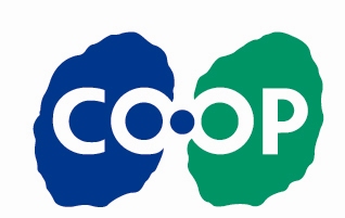 青と緑の模様に白くCO・OPと書かれたコープこうべのロゴマーク