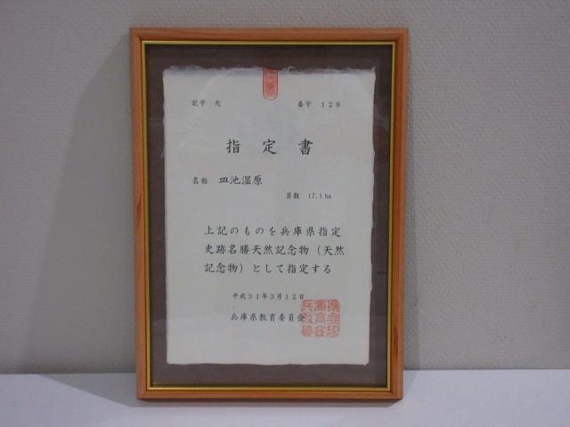 壁に立て掛けられた木の額縁に入れられた指定書の写真