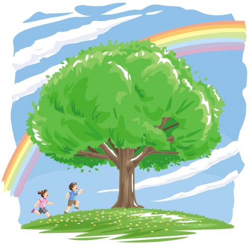 空に虹がかかっており、丘の上の大きな木の下を男の子と女の子が走っているイラスト