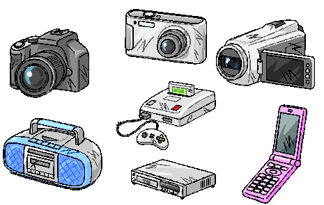 カメラ、ビデオカメラ、ゲーム機、携帯電話、ラジカセ等の回収できるもののイラスト