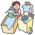 お風呂の残り湯をバケツで洗濯機に移して洗濯している女性のイラスト