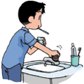 コップに水を溜めながら歯磨きしている男性のイラスト