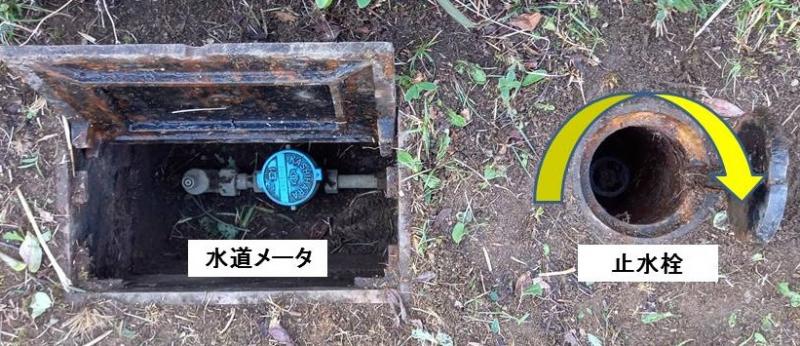 水道メータボックスと分離式になっている止水栓の止め方を示した写真。写真ではメータボックスのそばに止水栓用の孔が埋め込まれており、その中の止水栓を時計回りに捻る様に解説している