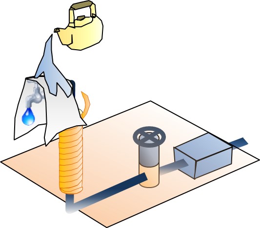 凍結箇所の解凍方法を説明した解説図。蛇口に布をかけ、その上からゆっくりぬるま湯をかける対応方法が紹介されている
