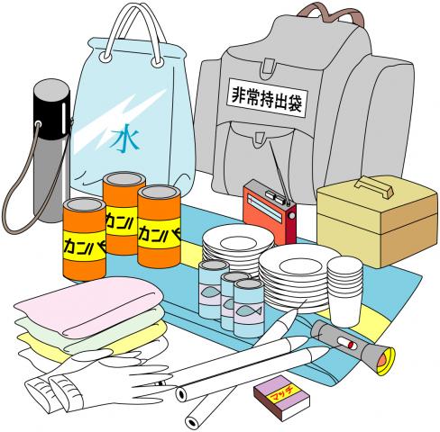 非常持ち出し袋、水、乾パンなどの様々な防災グッズが並べられているイラスト