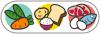 にんじんとスナップエンドウの緑の丸、食パンとご飯とジャガイモの黄色い丸、肉と魚と卵の赤い丸のイラスト