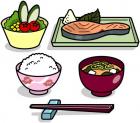 焼き鮭、サラダ、みそ汁、ご飯と箸のイラスト
