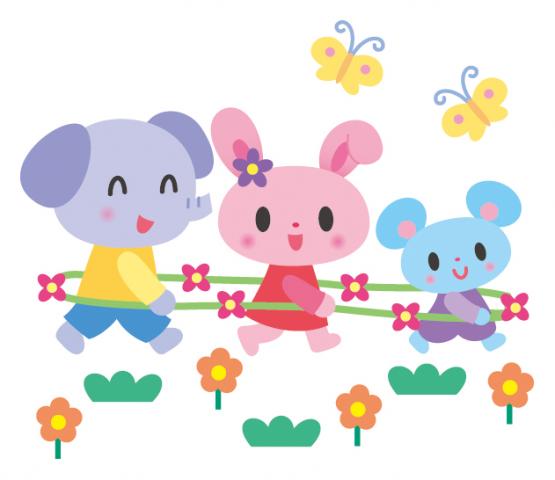 象、うさぎ、ねずみの子供が電車ごっこをしているイラスト