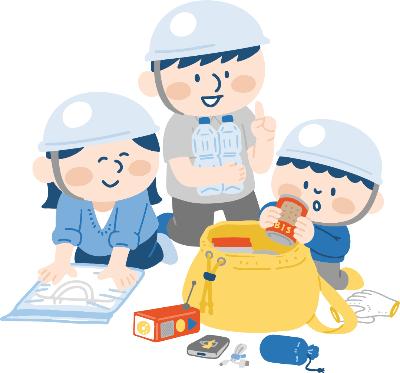 防災備蓄品を確認する家族のイラスト