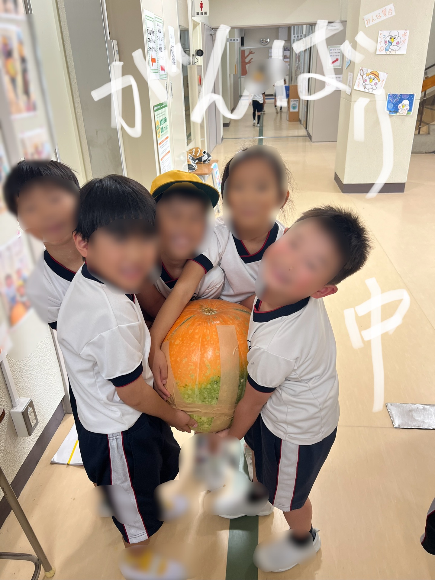 お昼休み、お化けかぼちゃを持ち上げ中