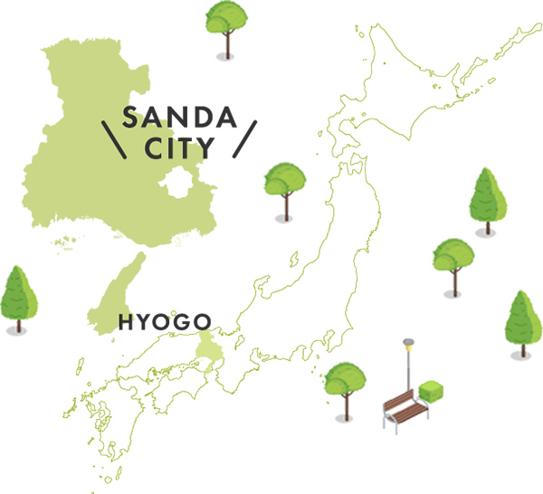 三田市の地図。兵庫県南東部、やや右上（六甲山地の北側）に位置する。